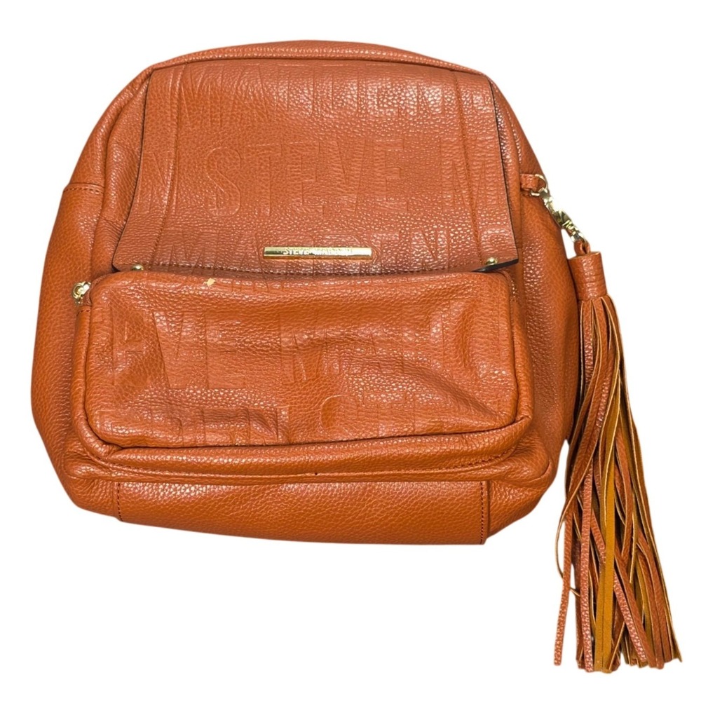 Steve Madden Backpack Women's Cognac Brown Embossed Logo Vegan Leather Tassel‎